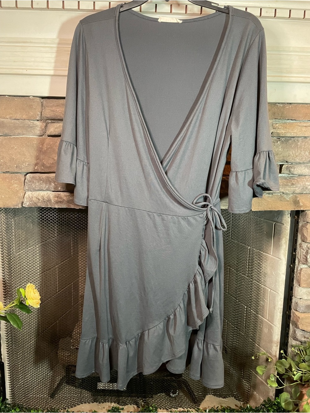 entro Dusty Gray Wrap Ruffle Midi Dress